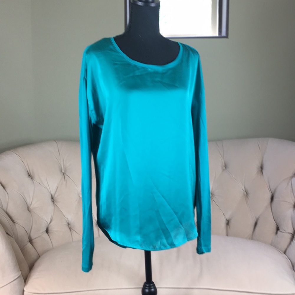 MICHAEL KORS teal satin and jersey sleeves top